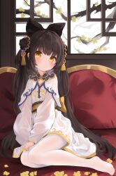 Rule 34 | 1girl, absurdres, black bow, black hair, blush, bow, chinese clothes, chinese commentary, closed mouth, commentary request, couch, double bun, dress, flat chest, full body, hair bow, hair bun, hair ornament, hanfu, highres, indoors, long hair, long sleeves, looking at viewer, no shoes, on couch, orange eyes, original, pantyhose, puffy long sleeves, puffy sleeves, sitting, solo, very long hair, wangyq, white dress, white pantyhose, yokozuwari