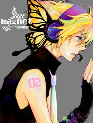 Rule 34 | 1boy, bad id, bad pixiv id, blonde hair, butterfly wings, fingerless gloves, gloves, headphones, headset, insect wings, kagamine len, magnet (vocaloid), male focus, necktie, profile, short hair, simple background, solo, vocaloid, wings, wory