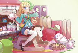 Rule 34 | 1girl, blonde hair, blue eyes, blush, food, jin young-in, long hair, looking at viewer, mary janes, original, pie, rocking horse, shoes, sitting, solo, thighhighs, white thighhighs
