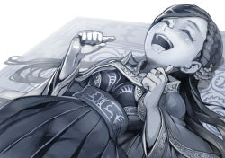 Rule 34 | 1girl, blue theme, braid, dress, drooling, closed eyes, french braid, greyscale, hair ornament, honzuki no gekokujou, jewelry, kousaku, long hair, long sleeves, myne (honzuki no gekokujou), monochrome, mouth drool, open mouth, pleated dress, ring, smile, solo, upper body, wide sleeves