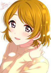Rule 34 | 1girl, :d, absurdres, brown hair, dated, english text, hand up, happy birthday, highres, koizumi hanayo, long sleeves, looking at viewer, love live!, love live! school idol project, open mouth, purple eyes, sekina, short hair, simple background, smile, solo, sweater, upper body, white background, yellow sweater