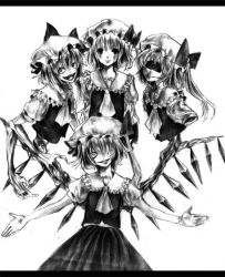 Rule 34 | 4girls, bad id, bad pixiv id, creepy, cyclops, female focus, flandre scarlet, four of a kind (touhou), greyscale, horror (theme), lastdark, letterboxed, monochrome, multiple girls, multiple persona, one-eyed, touhou