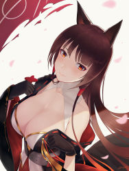 Rule 34 | 1girl, akagi (azur lane), alexiel (pixiv6211566), animal ears, azur lane, blush, breasts, brown hair, cleavage, dated, fox ears, fox girl, fox tail, gloves, highres, holding, japanese clothes, large breasts, long hair, looking at viewer, multiple tails, parted lips, red eyes, signature, smile, solo, tail, upper body, wide sleeves