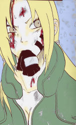 Rule 34 | 1girl, artist request, bleeding, blonde hair, blood, breasts, cleavage, deep wound, facial mark, female focus, flak jacket, gloves, injury, jacket, long hair, mouth hold, naruto, naruto (series), serious, solo, tsunade (naruto)