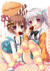 Rule 34 | 2girls, :d, ahoge, aono ribbon, blush, bow, breasts, brown eyes, brown hair, candy, chocolate, chocolate heart, cleavage, food, hair bow, hair ribbon, heart, holding, kneeling, looking at viewer, medium breasts, mouth hold, multiple girls, open mouth, original, panties, pantyshot, pink panties, purple eyes, ribbon, school uniform, short hair, silver hair, sitting, smile, striped clothes, striped thighhighs, thighhighs, tongue, twintails, underwear, valentine