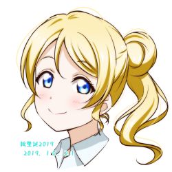 Rule 34 | 1girl, 2019, alternate hairstyle, anibache, ayase eli, blonde hair, blue eyes, closed mouth, collared shirt, dated, floating hair, hair between eyes, long hair, looking at viewer, love live!, love live! school idol project, ponytail, portrait, shirt, simple background, smile, solo, white background, white shirt, wing collar