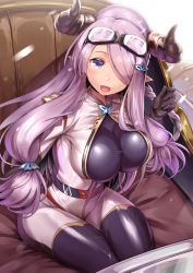 Rule 34 | 10s, 1girl, alternate costume, arm support, black thighhighs, blue eyes, breasts, bursting breasts, cleavage cutout, clothing cutout, draph, from above, goggles, granblue fantasy, hair ornament, hair over one eye, horns, impossible clothes, large breasts, light purple hair, lips, long hair, misao (kami no misoshiru), narmaya (granblue fantasy), open mouth, pointy ears, sidelocks, sitting, skin tight, skindentation, solo, spandex, thighhighs, tongue, very long hair