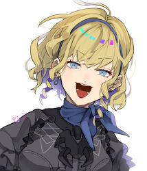 Rule 34 | 1girl, artist name, blonde hair, blue eyes, constance von nuvelle, curly hair, earrings, fire emblem, fire emblem: three houses, hairband, highres, jewelry, lipstick, looking at viewer, makeup, medium hair, multicolored hair, nintendo, open mouth, scarf, simple background, smile, solo, two-tone hair, upper body, white background, yachimata 1205