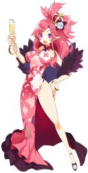 Rule 34 | 1girl, breasts, champagne flute, cup, disgaea, disgaea rpg, dress, drink, drinking glass, fang, full body, holding, holding drink, large breasts, long hair, nail polish, no bra, no panties, official art, open mouth, pink dress, pink hair, pointy ears, purple eyes, see-through, seraphina (disgaea), simple background, sleeveless, sleeveless dress, solo, white background