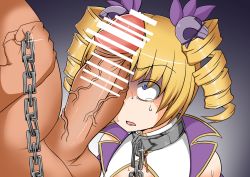 Rule 34 | 1girl, blonde hair, blue eyes, blush, censored, chain, chained, drill hair, imminent fellatio, imminent rape, koihime musou, kuro megane, looking at penis, open mouth, penis, penis awe, scared, short hair, solo, sousou (koihime musou), sweat, tears, twin drills, twintails