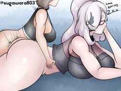Rule 34 | 1futa, 1girl, anya melfissa, ass, blush, bored, breast press, breasts, brown hair, closed eyes, clothed sex, emotionless sex, english text, expressionless, futa with female, futanari, glasses, grabbing, grabbing from behind, grey hair, highres, hololive, hololive indonesia, huge ass, huge breasts, large breasts, long hair, medium hair, multiple girls, pavolia reine, ponytail, prone bone, sex, sex from behind, shortstack, size difference, sugawara, virtual youtuber, zzz