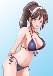 Rule 34 | 1girl, ashigara (kancolle), bikini, blue background, blue bikini, breasts, brown eyes, brown hair, cleavage, commentary request, cowboy shot, fake horns, front-tie top, gradient background, hairband, hiromon, horned headwear, horns, kantai collection, large breasts, leaning forward, long hair, looking at viewer, navel, ponytail, side-tie bikini bottom, smile, solo, swimsuit, wavy hair, white hairband