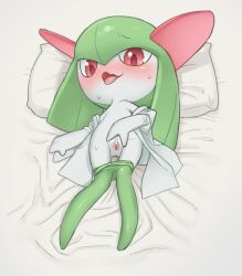 Rule 34 | aroused, bad tag, bed, bed sheet, blush, clitoris, clothes pull, creatures (company), furry, game freak, gen 3 pokemon, green hair, green pantyhose, interspecies, kirlia, lying, nintendo, on back, on bed, open mouth, pantyhose, pantyhose pull, pillow, pokemon, pokephilia, presenting, pussy, red eyes, solo, spread pussy, sweat, tosx