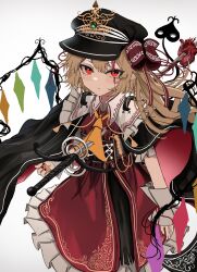 Rule 34 | 1girl, absurdres, adapted costume, ascot, black cape, black hat, blonde hair, blood, blood on face, blush, cape, closed mouth, commentary, crystal, dress, fingernails, flandre scarlet, frilled dress, frilled sleeves, frills, hair between eyes, hat, heart (organ), highres, long hair, looking at viewer, nail polish, ougiikun, pointy ears, red dress, red eyes, red nails, short sleeves, simple background, solo, sword, touhou, weapon, white background, wings, wrist cuffs, yellow ascot