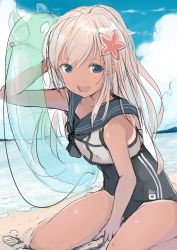 Rule 34 | 1girl, absurdres, arm up, bare shoulders, beach, blonde hair, blue eyes, blush, collarbone, commentary request, crop top, day, dyson (edaokunnsaikouya), enemy lifebuoy (kancolle), flower, hair between eyes, hair flower, hair ornament, highres, holding, holding swim ring, innertube, kantai collection, long hair, looking at viewer, one-piece swimsuit, one-piece tan, open mouth, ro-500 (kancolle), sailor collar, sand, school swimsuit, school uniform, serafuku, shell, sitting, smile, swim ring, swimsuit, swimsuit under clothes, tan, tanline, wariza, water
