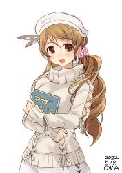 Rule 34 | 1girl, book, brown eyes, brown hair, hat, hhair over shoulder, highres, kantai collection, littorio (kancolle), long hair, official alternate costume, one-hour drawing challenge, owa (ishtail), ponytail, simple background, smile, solo, sweater, upper body, wavy hair, white background, white sweater