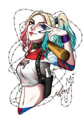 Rule 34 | 1girl, baseball bat, batman (series), blonde hair, blue eyes, blue hair, breasts, colored tips, dc comics, harley quinn, highres, jacket, long hair, makeup, matching hair/eyes, multicolored hair, solo, suicide squad, twintails