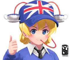 Rule 34 | 1girl, absurdres, artist logo, artist name, baseball cap, beer hat, black necktie, blonde hair, blue eyes, blue hat, blue sweater, braid, closed mouth, commentary, cup, darjeeling (girls und panzer), dress shirt, drinking, drinking straw, drinking straw in mouth, english commentary, girls und panzer, hat, highres, long sleeves, looking at viewer, mixed-language commentary, necktie, one-hour drawing challenge, portrait, print headwear, school uniform, shirt, short hair, simple background, smile, solo, st. gloriana&#039;s school uniform, sweater, tea, teacup, thumbs up, twin braids, union jack, v-neck, voc, white background, white shirt, wing collar