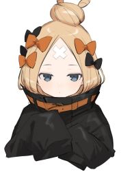 Rule 34 | 1girl, abigail williams (fate), abigail williams (traveling outfit) (fate), belt, black jacket, blonde hair, blue eyes, bow, closed mouth, crossed bandaids, fate/grand order, fate (series), forehead, hair bow, hair bun, heroic spirit traveling outfit, high collar, jacket, multiple hair bows, official alternate costume, orange belt, orange bow, parted bangs, simple background, single hair bun, sleeves past fingers, sleeves past wrists, solo, white background, zumi tiri