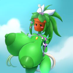 Rule 34 | 1girl, blaster master zero, blaster master zero 2, blush stickers, breast expansion, breasts, colored nipples, colored skin, covered erect nipples, flower, gigantic breasts, green nipples, green skin, highres, kanna (blaster master zero), large areolae, metachoke, monster girl, nipples, one eye closed, open clothes, plant girl, slingshot swimsuit, smile, smug, standing, swimsuit, tail