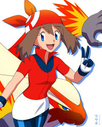 Rule 34 | 1girl, :d, bandana, bike shorts under skirt, blaziken, blue eyes, breasts, brown hair, cleavage, collared shirt, commentary request, conejologia, creatures (company), curvy, eyelashes, game freak, gen 3 pokemon, gloves, hand up, highres, looking at viewer, may (pokemon), medium breasts, medium hair, nintendo, open mouth, pokemon, pokemon (anime), pokemon (creature), pokemon rse (anime), popped collar, red bandana, red shirt, shirt, short sleeves, skirt, smile, v, white background, white gloves, white skirt