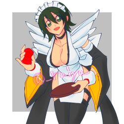 Rule 34 | 1girl, apron, artist request, breasts, cleavage, cup, curvy, green eyes, green hair, highres, holding, holding cup, holding tray, iroha (samurai spirits), large breasts, long hair, looking at viewer, maid, maid headdress, open mouth, revealing clothes, samurai spirits, short hair, simple background, smile, snk, solo, thighs, tray, twitter username, white apron, wide hips