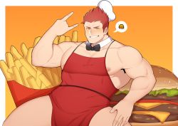 Rule 34 | 1boy, absurdres, apron, bara, blush, burger, food, french fries, fujimachine (clayten), highres, jollibee, jollibee (mascot), large pectorals, looking at viewer, male focus, muscular, muscular male, naked apron, nipple slip, nipples, oversized food, oversized object, pectoral cleavage, pectorals, red apron, red hair, short hair, sideburns, sidepec, smile, solo, spiked hair, spread legs, thick thighs, thighs
