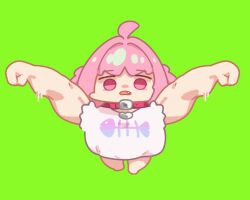 Rule 34 | 1girl, ahoge, animated, animated gif, barefoot, chibi, collar, commentary, empty eyes, fang, fish bone print, full body, green background, heart, idolmaster, idolmaster cinderella girls, kick back (song), looking at viewer, multicolored hair, muscular, muscular female, no pants, open mouth, outstretched arms, oversized clothes, oversized limbs, oversized shirt, pink collar, pink eyes, pink hair, shirt, simple background, sleeveless, sleeveless shirt, solo, takato kurosuke, two-tone hair, yumemi riamu