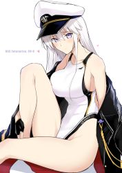 Rule 34 | 1girl, absurdres, azur lane, black coat, blush, breasts, character name, closed mouth, coat, collarbone, competition swimsuit, enterprise (azur lane), hair between eyes, halcon, hat, highres, hip focus, knee up, large breasts, legs, long hair, looking at viewer, one-piece swimsuit, peaked cap, purple eyes, silver hair, simple background, sitting, smile, solo, swimsuit, thighs, white background, white hat, white one-piece swimsuit