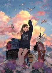 Rule 34 | 1girl, :d, animal, arm up, backpack, bag, bare legs, bike shorts, bird, black shorts, black sweater, blurry, blurry foreground, brown eyes, brown hair, cloud, cloudy sky, commentary request, crescent moon, day, depth of field, dress, flower, helmet, highres, long hair, luggage, moon, motor vehicle, open mouth, original, outdoors, purple flower, revision, scooter, shorts, sky, smile, solo, sousou (sousouworks), standing, sweater, sweater dress, swept bangs, unworn backpack, unworn bag, unworn headwear, unworn helmet