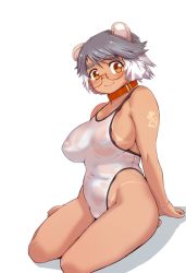Rule 34 | 1girl, animal collar, animal ears, arms behind back, blush, breasts, brown eyes, closed mouth, collar, commentary request, covered erect nipples, covered navel, ez6, full body, grey hair, large breasts, looking at viewer, multicolored hair, one-piece swimsuit, original, red collar, simple background, smile, solo, swimsuit, thick eyebrows, thighs, two-tone hair, white background, white hair, white one-piece swimsuit