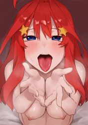 Rule 34 | 1girl, ahoge, amog, blue eyes, breasts, completely nude, cupping hands, go-toubun no hanayome, hair between eyes, hair ornament, highres, indoors, kneeling, large breasts, long hair, looking at viewer, nakano itsuki, nipples, nude, open mouth, oral invitation, own hands together, red hair, solo, star (symbol), star hair ornament, tongue, tongue out