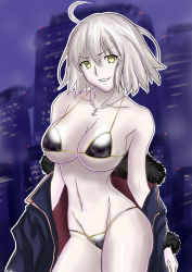 Rule 34 | 1girl, ahoge, bikini, black bikini, breasts, cityscape, cleavage, commentary request, fate/grand order, fate (series), fur collar, jacket, jeanne d&#039;arc (fate), jeanne d&#039;arc alter (fate), jeanne d&#039;arc alter (ver. shinjuku 1999) (fate), jewelry, large breasts, navel, necklace, night, nyantamaran, official alternate costume, pale skin, short hair, smile, solo, swimsuit, yellow eyes