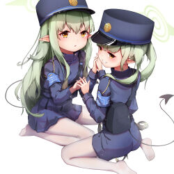 Rule 34 | 2girls, absurdres, armband, black hat, black jacket, black shorts, black skirt, blue archive, blue armband, commentary request, demon tail, green hair, green halo, halo, hat, highres, hikari (blue archive), holding hands, jacket, looking at viewer, multiple girls, nozomi (blue archive), pantyhose, pointy ears, shorts, siblings, sidelocks, sisters, sitting, skirt, smile, tail, twintails, white pantyhose, xiamu xunxi, yellow eyes