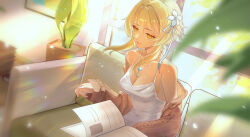 Rule 34 | 1girl, blonde hair, blue nails, book, book stack, breasts, brown jacket, casual, cleavage, closed mouth, commentary request, couch, dress, fingernails, flower, genshin impact, hair between eyes, hair flower, hair ornament, hair ribbon, highres, indoors, jacket, jewelry, large breasts, lips, long hair, lumine (genshin impact), nail polish, necklace, off shoulder, open book, open clothes, open jacket, partial commentary, plant, potted plant, reading, ribbon, sitting, so zei tama tama, white dress, white flower, white ribbon, window, yellow eyes