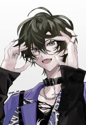 Rule 34 | 1boy, adjusting eyewear, alternate costume, aqua eyes, belt, belt buckle, belt collar, black belt, black hair, buckle, collar, commentary, ensemble stars!, fangs, grey background, hair between eyes, hands up, heterochromia, highres, jewelry, kagehira mika, lapels, long sleeves, looking at viewer, male focus, necklace, notched lapels, nyn co, open mouth, orange eyes, ring, round eyewear, short hair, simple background, solo, symbol-only commentary, teeth, twitter username, upper body