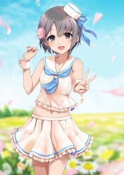 Rule 34 | 1girl, bare shoulders, black eyes, black hair, blue ribbon, blue sailor collar, blush, breasts, cloud, cloudy sky, collarbone, day, falling petals, field, flower, flower field, grey hair, hair flower, hair ornament, hat, highres, idolmaster, idolmaster cinderella girls, idolmaster cinderella girls starlight stage, looking at viewer, midriff peek, mini hat, navel, open mouth, otokura yuuki, paopao, petals, pleated skirt, reaching, reaching towards viewer, ribbon, sailor collar, shirt, short hair, skirt, sky, small breasts, smile, solo, tree, v, white shirt, white skirt, white wrist cuffs, wrist cuffs