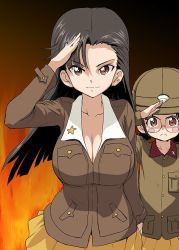Rule 34 | 2girls, asymmetrical bangs, black hair, blush stickers, braid, breasts, brown eyes, brown jacket, chi-hatan military uniform, cleavage, closed mouth, commentary, frown, fukuda haru, gemu555, girls und panzer, glasses, helmet, insignia, jacket, large breasts, long hair, long sleeves, looking at viewer, military, military uniform, miniskirt, multiple girls, nishi kinuyo, pleated skirt, round eyewear, salute, skirt, smile, standing, twin braids, twintails, uniform, v-shaped eyebrows, yellow skirt