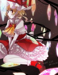 Rule 34 | 1girl, ascot, blonde hair, crystal, dated, flandre scarlet, frilled skirt, frills, gradient background, hair ribbon, hat, highres, ice (aitsugai), image sample, looking at viewer, mary janes, mob cap, petticoat, pointy ears, puffy sleeves, red eyes, red socks, ribbon, shirt, shoes, short hair, short sleeves, side ponytail, sitting, skirt, skirt set, socks, solo, touhou, twitter username, vest, wings