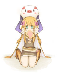 Rule 34 | 1girl, alchemist (ragnarok online), armpits, blonde hair, blue gloves, boots, bow, bread slice, breasts, brown cape, brown dress, brown footwear, cape, commentary request, dress, elbow gloves, fingerless gloves, food, food in mouth, full body, fur collar, gloves, hair bow, highres, kneeling, kusabi (aighe), long hair, looking at viewer, mouth hold, multiple hair bows, piglet, pink bow, ragnarok online, savage babe, short dress, simple background, small breasts, strapless, strapless dress, toast, toast in mouth, white background