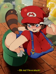 Rule 34 | 1girl, animal ears, ass, blouse, blue eyes, blue overalls, bluethebone, blush, breasts, clothing cutout, commentary, cosplay, ears through headwear, english commentary, english text, gloves, hat, highres, large breasts, mario, mario (cosplay), mario (series), nintendo, overalls, raccoon, raccoon ears, raccoon tail, red hat, red shirt, retro artstyle, shirt, short sleeves, solo, stuck, subtitled, tail, tail through clothes, warp pipe, white gloves