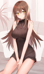 Rule 34 | 1girl, bare shoulders, between legs, black sweater, blush, breasts, brown hair, closed mouth, commentary request, day, dress, feet out of frame, hair between eyes, hand between legs, highres, indoors, jewelry, kinona, long hair, looking at viewer, medium breasts, necklace, original, pendant, pillow, ribbed sweater, sitting, sleeveless, sleeveless sweater, solo, sweater, sweater dress, v arms, very long hair, window, yellow eyes