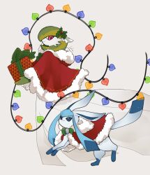 Rule 34 | absurdres, animal focus, bell, blue eyes, bow, box, bright pupils, capelet, christmas, christmas lights, commentary, creatures (company), fur-trimmed capelet, fur trim, game freak, gardevoir, gen 3 pokemon, gen 4 pokemon, gift, gift box, glaceon, green bow, grey background, hair bow, hair ornament, highres, holding, holding box, holding gift, holly, holly hair ornament, lole pokemon, looking at another, neck bell, nintendo, no humans, pokemon, pokemon (creature), red capelet, red eyes, santa capelet, santa costume, signature, simple background, smile, string lights, walking, white pupils