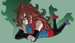 Rule 34 | 1girl, android, android 21, arm warmers, artist request, big hair, black-framed eyewear, black legwear, black nails, blue eyes, boots, brown hair, curly hair, dragon ball, dragon ball fighterz, dress, earrings, female focus, glasses, green background, high heel boots, high heels, hoop earrings, jewelry, long hair, lying, multicolored boots, multicolored clothes, multicolored dress, nail polish, on stomach, shadow, solo