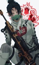Rule 34 | 1girl, absurdres, animification, apex legends, black hair, blue eyes, bodysuit, breasts, cable, glowing, glowing eyes, gun, hair behind ear, hair bun, hair over eyes, highres, kraber, looking at viewer, mask, medium breasts, mouth mask, parted bangs, quarantine 722 wraith, rifle, single hair bun, sitting, sniper rifle, solo, ukiyo okashi, weapon, white background, white bodysuit, wraith (apex legends)
