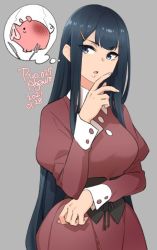Rule 34 | 1girl, 2021, agawa ryou, black eyes, black hair, breasts, commentary, dated, english commentary, grey background, hair ornament, hairclip, long hair, medium breasts, original, parted lips, pig, simple background, solo, thought bubble, very long hair
