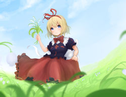 Rule 34 | 1girl, bad id, bad pixiv id, blonde hair, blouse, blue eyes, blue sky, blurry, bow, bowtie, cloud, day, depth of field, fisheye, flower, grass, hair ribbon, hand up, highres, index finger raised, lily of the valley, medicine melancholy, outdoors, ribbon, sakurafuumi, shirt, short hair, skirt, skirt hold, sky, smile, solo, touhou