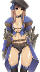 Rule 34 | 1girl, armor, azure (armor), belt, belt bra, belt pouch, beret, black bra, black thighhighs, blue eyes, bow, bra, breasts, brown hair, capcom, chainmail, cleavage, collar, collarbone, crop top, denim, denim shorts, gauntlets, gloves, hat, lingerie, long hair, looking at viewer, midriff, monster hunter, monster hunter (series), monster hunter frontier, navel, open clothes, open shirt, plaid, pouch, shiny skin, shirt, short shorts, shorts, sidelocks, simple background, skirt, smile, solo, standing, strap, swept bangs, thighhighs, thighs, thomasz, underboob, underwear, white background