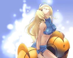 Rule 34 | 1girl, :d, arm support, armor, bare shoulders, blonde hair, blue background, blue eyes, breasts, cowboy shot, crop top, from side, glowing, halterneck, large breasts, light particles, long hair, looking up, lowres, metroid, metroid fusion, midriff, navel, nintendo, official art, open mouth, power suit, profile, samus aran, short shorts, shorts, sleeveless, smile, solo, turtleneck, undressing, varia suit, very long hair, wristband