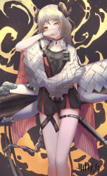Rule 34 | 1girl, absurdres, arknights, black choker, blonde hair, choker, cloak, covered mouth, cowboy shot, curled horns, dress, fire, grey hair, highres, holding, holding weapon, horns, huge filesize, ifrit (arknights), ita (itta), looking at viewer, low twintails, orange eyes, short twintails, solo, standing, striped, thigh strap, twintails, weapon